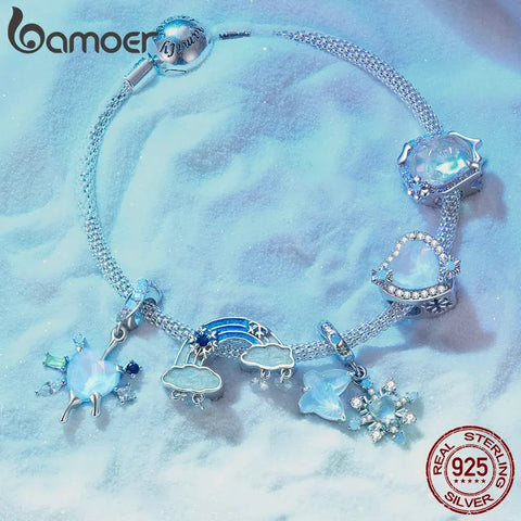 Bamoer 925 Sterling Silver Snowflake Pendant Charm Ice Rainbow Beads for Women Bracelet & Bangle DIY Birthaday Gift Fine Jewelry