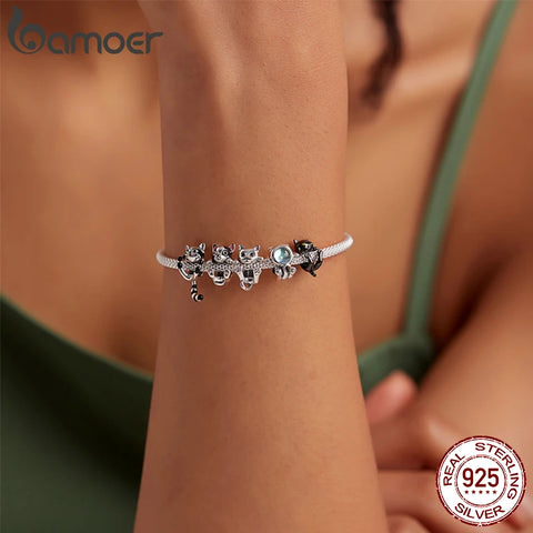 BAMOER Pet Series Genuine 925 Sterling Silver Cartoon Black Cat Charms for Original Silver Bracelet DIY Jewelry Making Beads