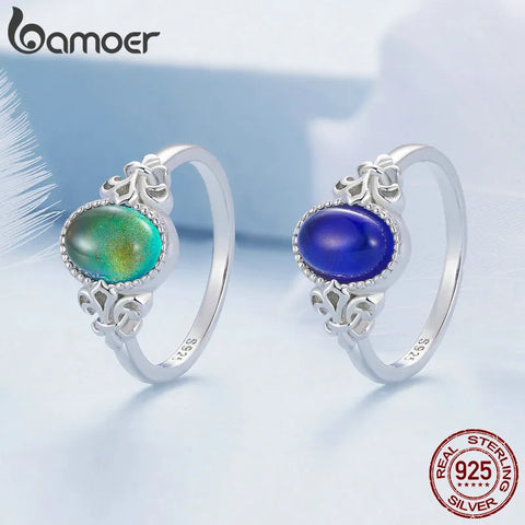 BAMOER Solid 925 Sterling Silver Emotion Ring Oval Stone Color Change Mood Ring Fine Jewelry Gift BSR454