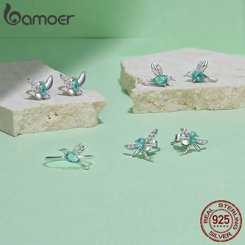 BAMOER 925 Sterling Silver Hummingbird Ring with Blue Cubic Zirconia for Women Jewelry Gift Adjustable Ring 6-9#