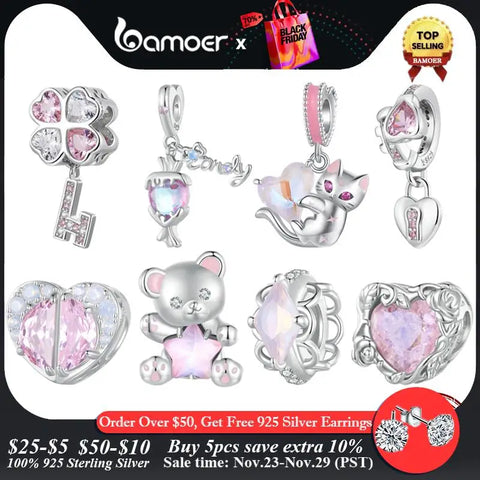 Bamoer 925 Sterling Silver Pink Star Bear Charms Couple Hearts Beads for Women Girls Bracelet & Bangle DIY Fine Jewelry