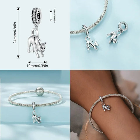 Bamoer 925 Sterling Silver Vivid Cat Pendant Charms Cute Animal Charms for Women Girls Bracelet & Bangle DIY Fine Jewelry