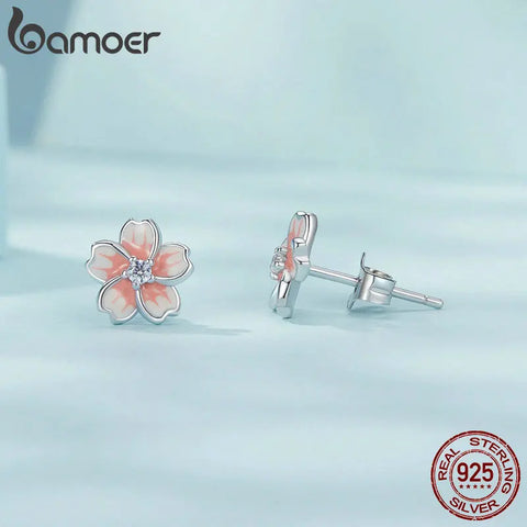 BAMOER Pink Enamel Cherry Blossom Earrings 925 Sterling Silver CZ Flower Stud Earrings Platinum Plated for Women Girls