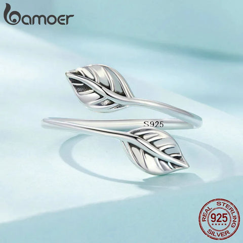 Bamoer 925 Sterling Silver Leaf Opening Ring Adjustable Leaves Ring Platinum Plated Simple Jewelry for Women SCR975-E