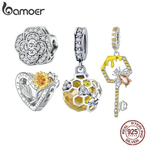 Bamoer 925 Sterling Silver Honeycomb and Bee Pendant Charms Key Hanging Bead for Women Original Bracelet and Necklace Jewelry