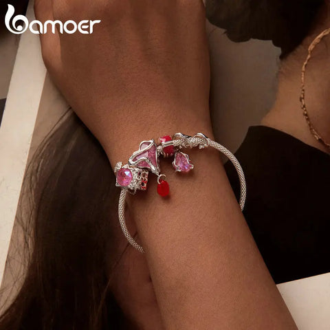 Bamoer 925 Sterling Silver Pink Heart Pendant Charms Butterfly & Rose Beads for Women Original Bracelet DIY Accessories