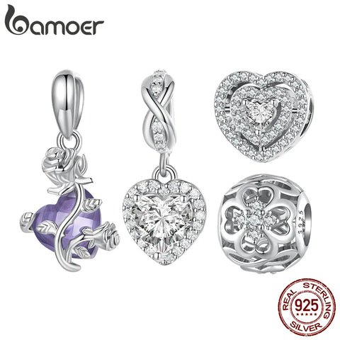 Bamoer 925 Sterling Silver Delicate Rose Heart Pendant fit Women DIY Bracelet & Bangle Shiny Zirconium Love Charms Fine Jewelry
