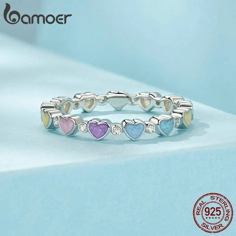 BAMOER 925 Sterling Silver Rainbow Heart Finger Ring Stackable Zircon Ring for Women Trendy Fashion Jewelry Gift