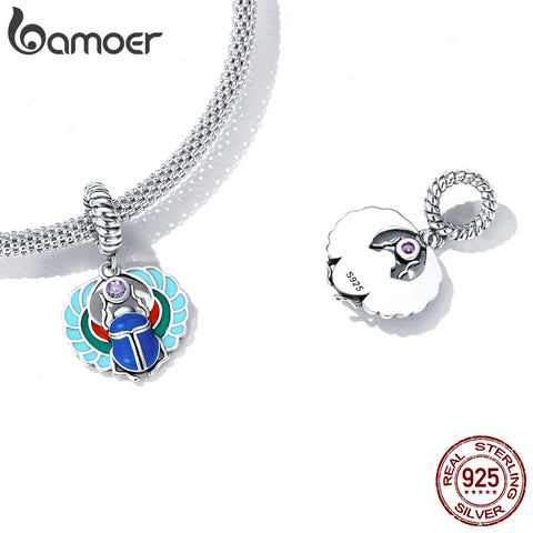 Bamoer 925 Sterling Silver Scarab Lotus Charm Pendant fit for DIY Making Bracelet & Bangle Eye of Horus Charms Fine Jewelry Gift