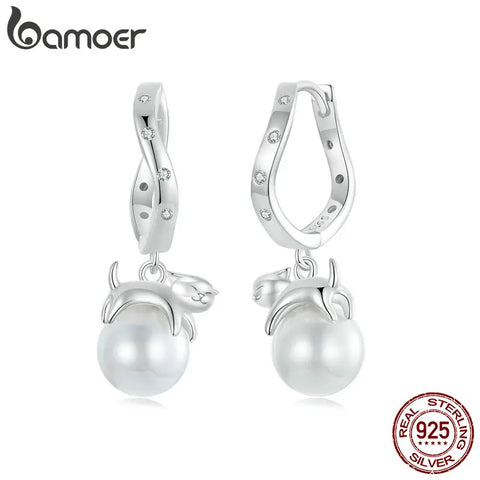 BAMOER 925 Sterling Silver High-quality Shell Pearl Ear Buckles Cute Kitty Hoop Earrings for Women Birthday Gift Fine Jewelry