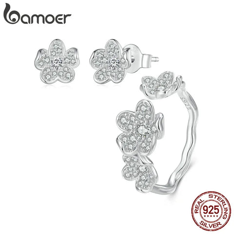 Bamoer 925 Sterling Silver Exquisite Flower Series Flower to Flower Ring & Earrings Jewelry for Women Fine Jewelry Gift