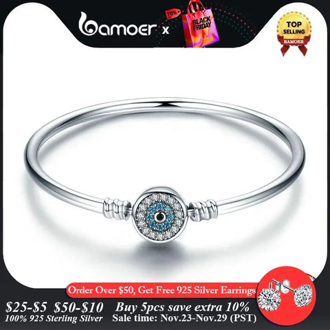 Bamoer Authentic 925 Sterling Silver Blue Evil Eye Bangle Demon Eye Bracelet Clear CZ Luxury Chain Jewelry SCB012
