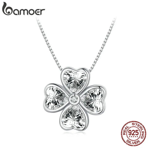 Bamoer 925 Sterling Silver Heart Shapped Lucky Four Leaf Clover Pendant Necklace Black Love Cross Neck Chain for Women