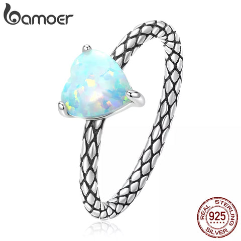 Bamoer 925 Sterling Silver Heart Opal Snake Pattern Ring for Women Eternity Ring Size 6 7 8 Luxury Brand Fine Jewelry Party Gift