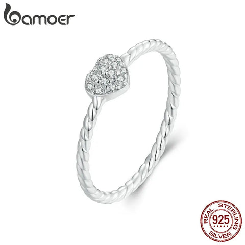 BAMOER 925 Sterling Silver Sparkling Heart Ring Braided Texture Twisted Ring for Women Anniversary Statement Jewelry