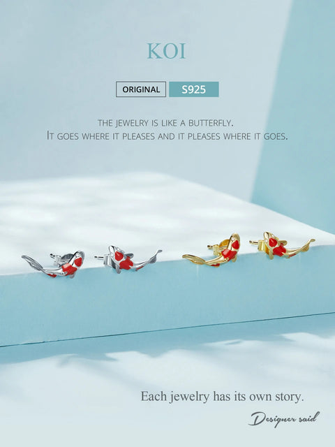 BAMOER 925 Sterling Silver Koi Fish Red Carp Stud Earrings for Women Platinum Plated Inlaid with Shining Zircon Fashion Jewelry