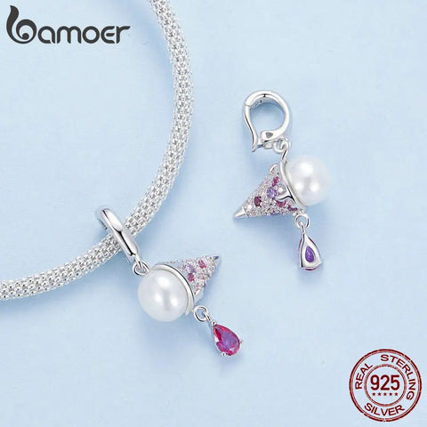 BAMOER 925 Sterling Silver Ice Cream Pendant Charms Natural Pearl Beads for Women Bracelet and Necklace DIY Accessories