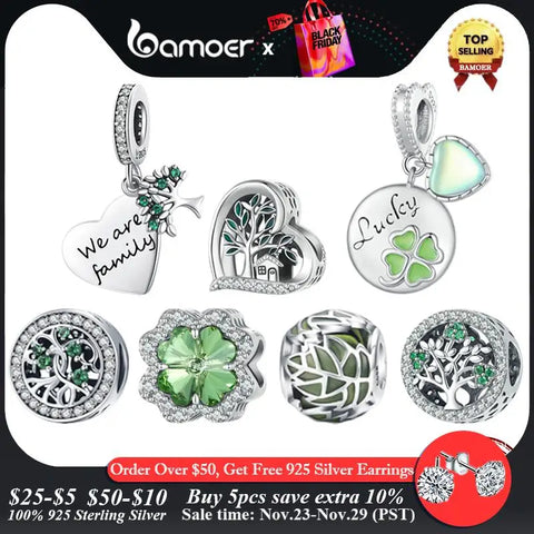 Bamoer 925 Sterling Silver Four-leaf Clover Beads Family Tree Pendant Charms for Women Bracelet and Necklace DIY Fine Jewelry