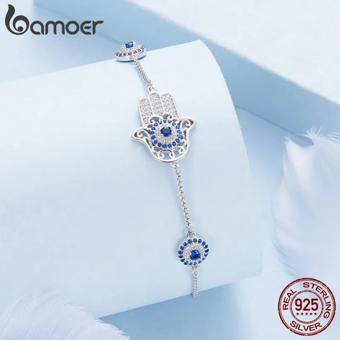 Bamoer 925 Sterling Silver the Hand of Fatima Bracelet Guard Chain Link for Women Birthday Mother‘s Day Gift BSB140