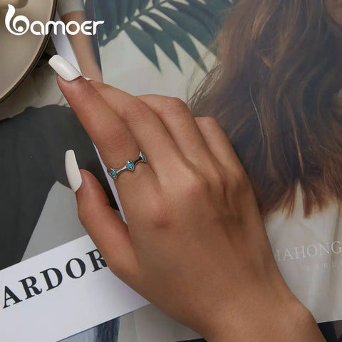 Bamoer 925 Sterling Silver Devil's Eyes Ring for Women 6-8 Size Fashion Wedding Gift Eternity Bands Turquoise Anillos SCR858