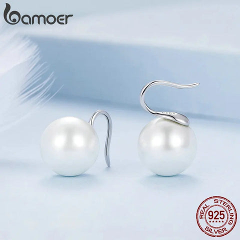 Bamoer 925 Sterling Silver Quality Round Shell Pearl Stud Earrings Platinum Plated Earrings for Women Engagement & Wedding Gift