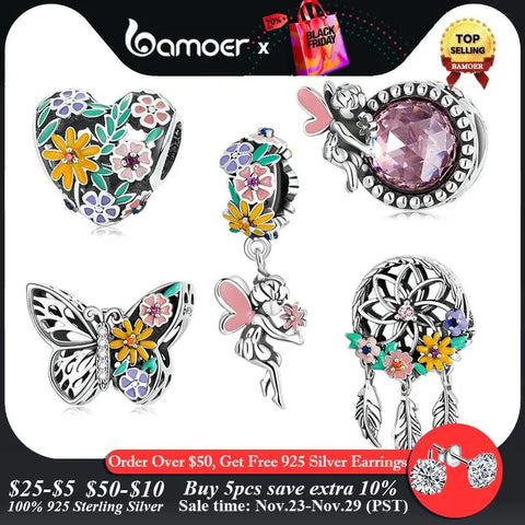 BAMOER Dreamcatcher Pendant 925 Sterling Silver Butterfly Charm fit Women Original Bracelet Shining Fairy Charms Fine Jewelry