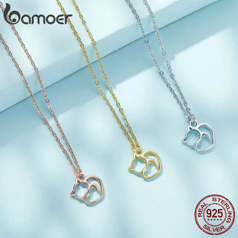 Bamoer 100% 925 Sterling Silver Minimalist Lovely Cat Pendant Necklace Cute Animal Neck Chain for Women Birthday Gift SCN188