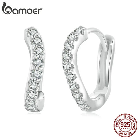 BAMOER 925 Sterling Silver Original Design Wave Ear Buckles Irregular Hoop Earrings for Women Shiny Zircon Fine Jewelry Gift
