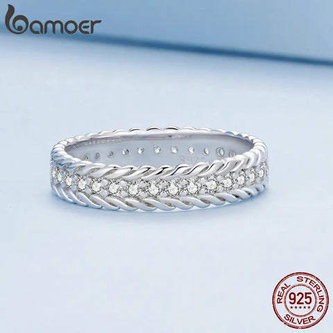 Bamoer 925 Sterling Silver Simple Twisted Ring Eternity Band Pave Setting CZ for Women Engagement Anniversary Gift Fine Jewelry