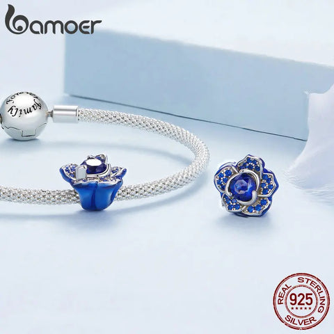 BAMOER 925 Sterling Silver Luxury 3D Blue Rose Charm Beads Fit Original Bracelets Women DIY FINE Jewelry Accessories BSC879