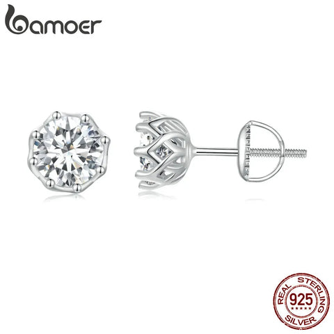 BAMOER Platinum Plated Moissanite Earrings Eight Prong Wire Basket Lab Created Diamond Stud Earrings for Women