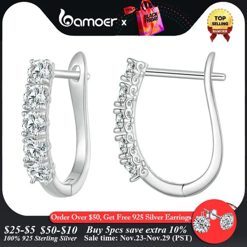 Bamoer 1.0CT Moissanite Ear Buckles 925 Sterling Silver U-Shaped Hoop Earrings for Women Valentine's Day Jewelry Gift