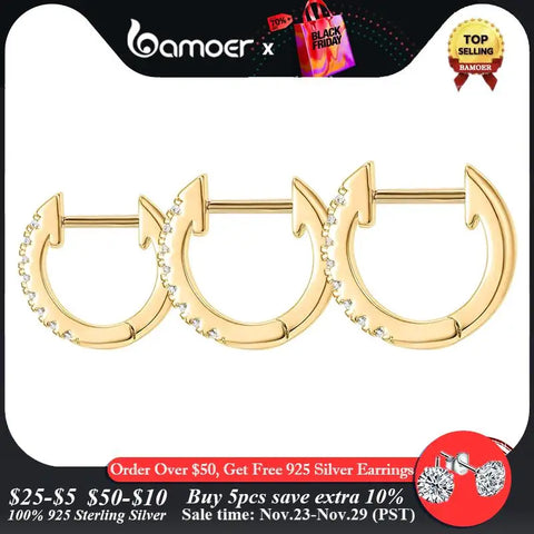 BAMOER 925 Sterling Silver Small Hoop Earrings Cubic Zirconia Cuff Earrings Gold Huggie Hoop Earrings for Women 8mm 10mm 12mm