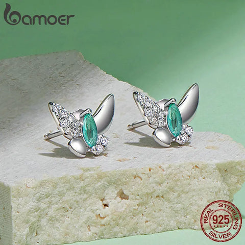 BAMOER Hypoallergenic Platinum Plated Butterfly Stud Earrings Cubic Zirconia 925 Sterling Silver Dainty Insect Earrings