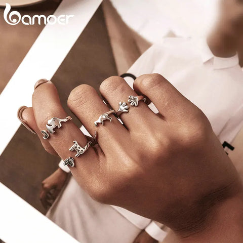 Bamoer New Trendy Genuine 925 Sterling Silver Giraffe Open Ring for Women Puppy Paw Elephant Ring Girl Fine Jewelry Party Gift