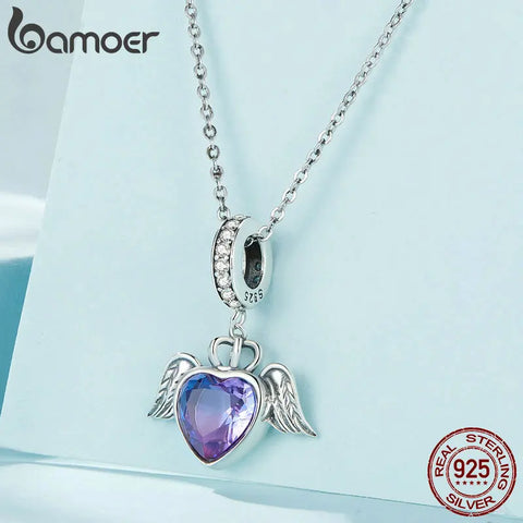 Bamoer 925 Sterling Silver Purple Heart Hanging Beads Guard Wings Pendant  Charms for Women Bracelet Necklace DIY SCC2587