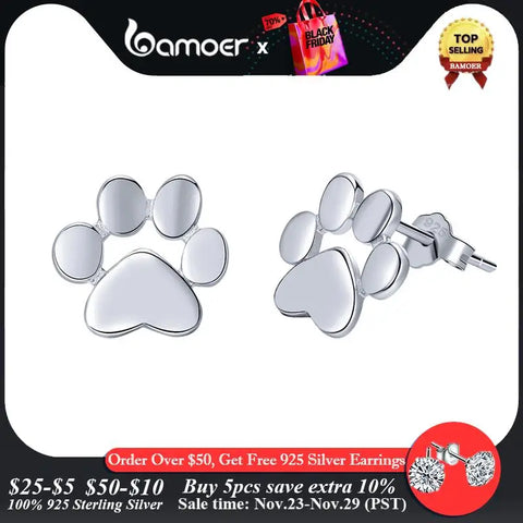 BAMOER 925 Sterling Silver Animal Paw Dog Cat Footprints Stud Earrings for Women Valentine's Day Gift SCE407