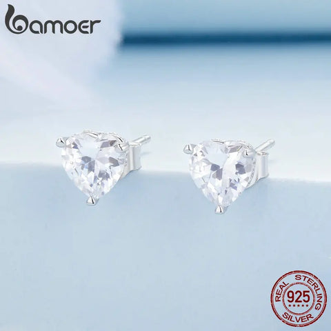 Bamoer 925 Sterling Silver Sparkling Heart Zircon Stud Earrings Simple Little Love Earrings for Women Fine Jewelry BSE853