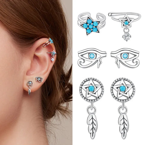 BAMOER Mono-Earring 925 Silver Clip DreamCatcher Hollow Evil Eye Turquoise Delicate Simple Hypoallergenic Ear Jewelry Gift
