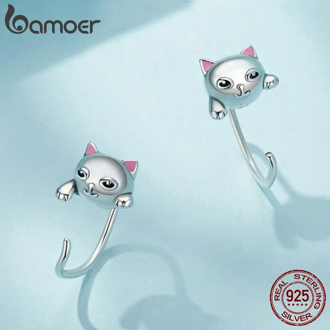 BAMOER Authentic 925 Sterling Silver Minimalist Black Cute Cat Stud Earrings for Women Fashion Jewelry Animal Gift SCE1125