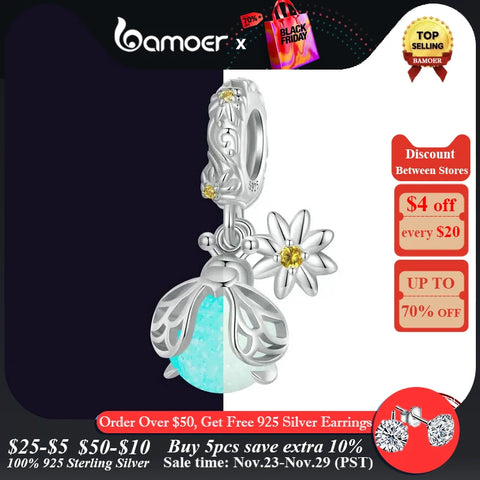 Bamoer 925 Sterling Silver Glow-in-the-dark Firefly Hanging Beads Luminous Insect Charms for Women Original Bracelet and Bangle