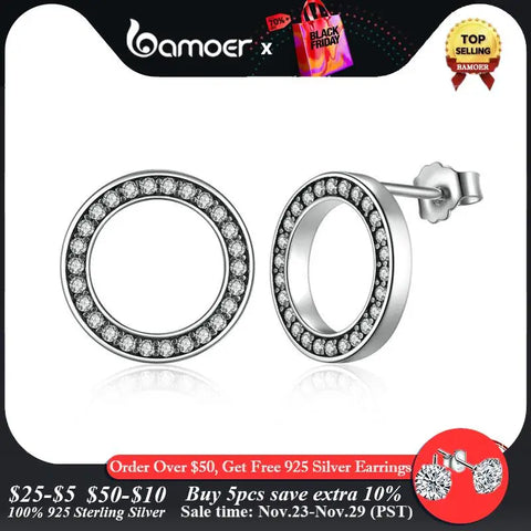 BAMOER Forever Clear CZ 925 Sterling Silver Circle Round Stud Earrings with CZ Jewelry GIFT Oorbellen Bijoux PAS437
