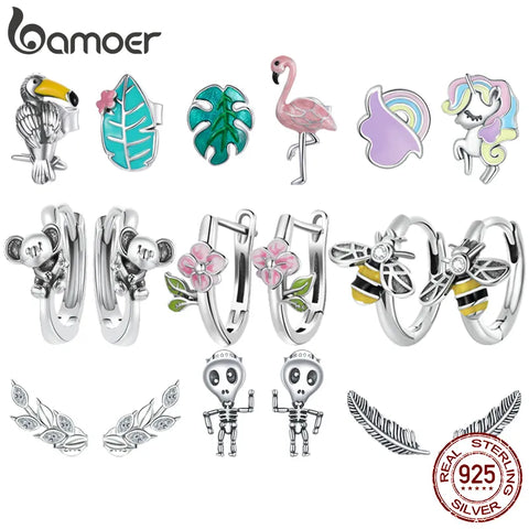 Bamoer 925 Sterling Silver Earrings Collection Bee Ear Buckles Flamingo Asymmetrical Earrings for Women Fine Jewelry Party Gift