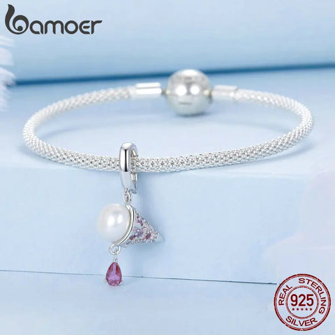 BAMOER 925 Sterling Silver Ice Cream Pendant Charms Natural Pearl Beads for Women Bracelet and Necklace DIY Accessories