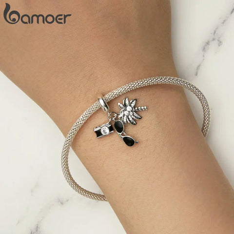 Bamoer 925 Sterling Silver Vacation Travel Pendant Charms for Charm Bracelet Camera Sunglass DIY Jewelry Accessories SCC2557