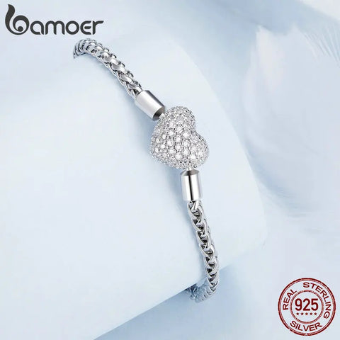 Bamoer 925 Sterling Silver Punk Style Braided Silver Chain Link Heart-Shaped Buckle Basic Bracelet  Pave Setting CZ for Women