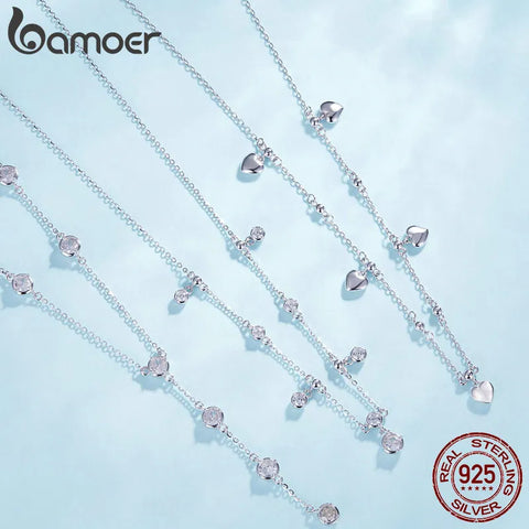 Bamoer 925 Sterling Silver Stackable Clavicle Necklace Sparkling Zircon Neck Chain for Women Platinum Plated Fine Jewelry