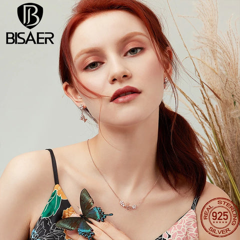BISAER 925 Sterling Silver Butterfly & Flower Jewelry Set Necklace Earrings Plated Rose Gold For Women Elegant Fine Jewelry Gift