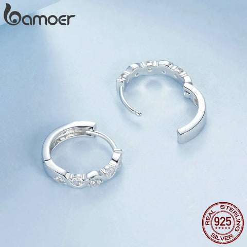 BAMOER 925 Sterling Silver Fashion Wave Ear Buckles Cubic Zirconia Hoop Earrings for Women Birthday Gift Fine Jewelry