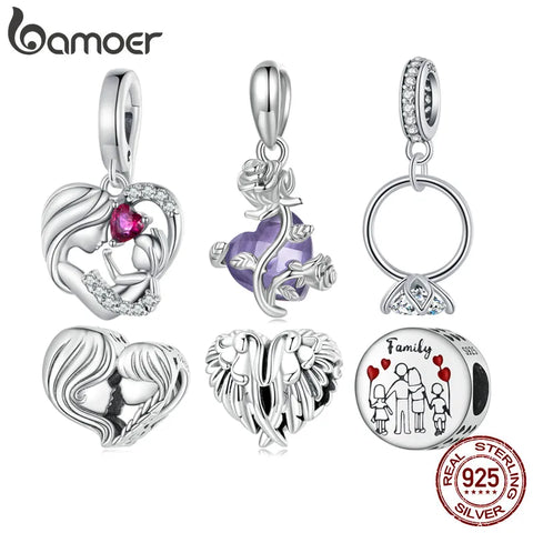 BAMOER 925 Sterling Silver Family Charms for Charms Bracelet, Mother and Child Embrace Pendant DIY Bracelet Accessories